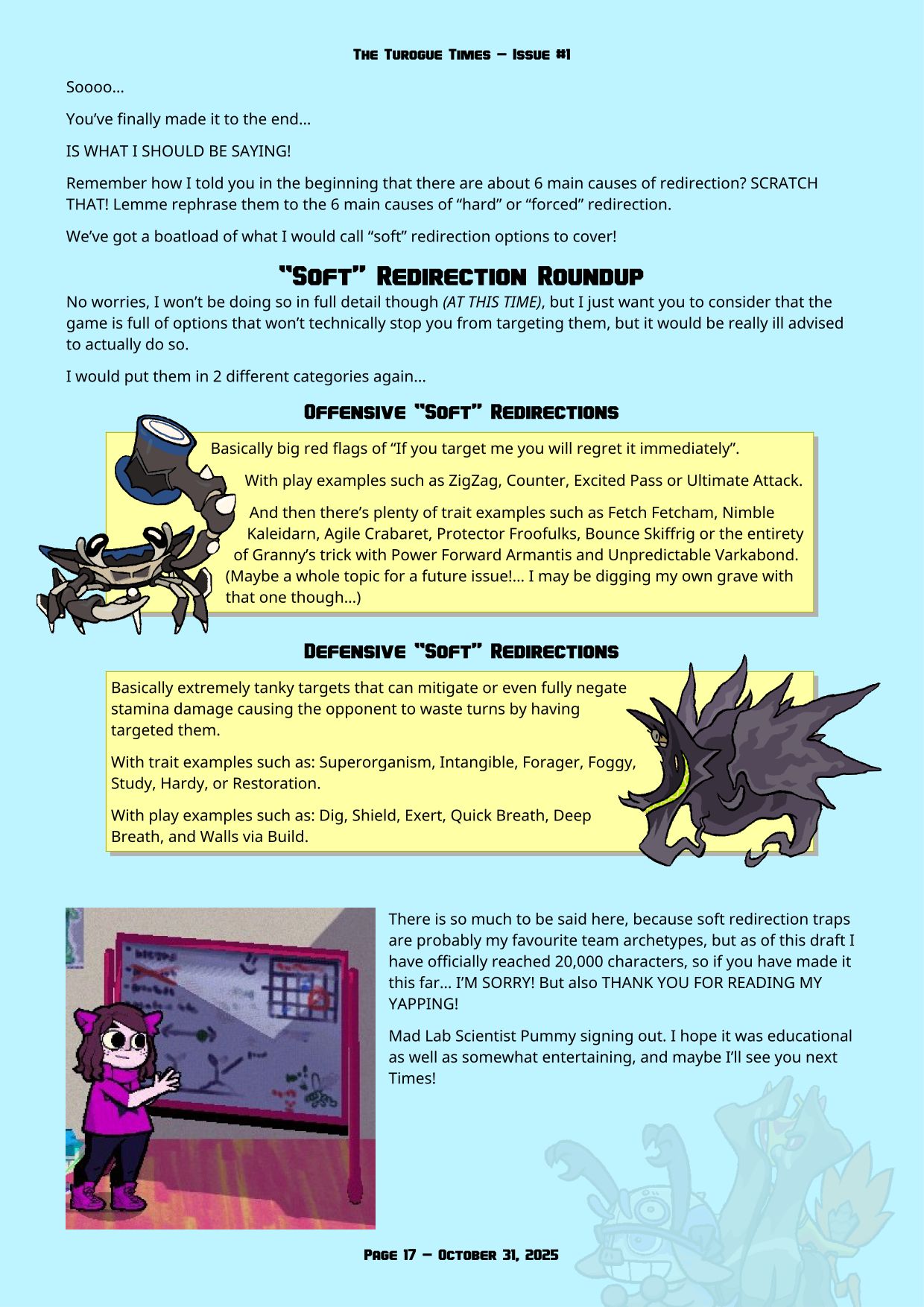 Page 17 of the Turogue Times, a Beastieball newsletter. This page is a Mechanics Deep Dive about redirection. For a more screen reader friendly format, please see the PDF download above.